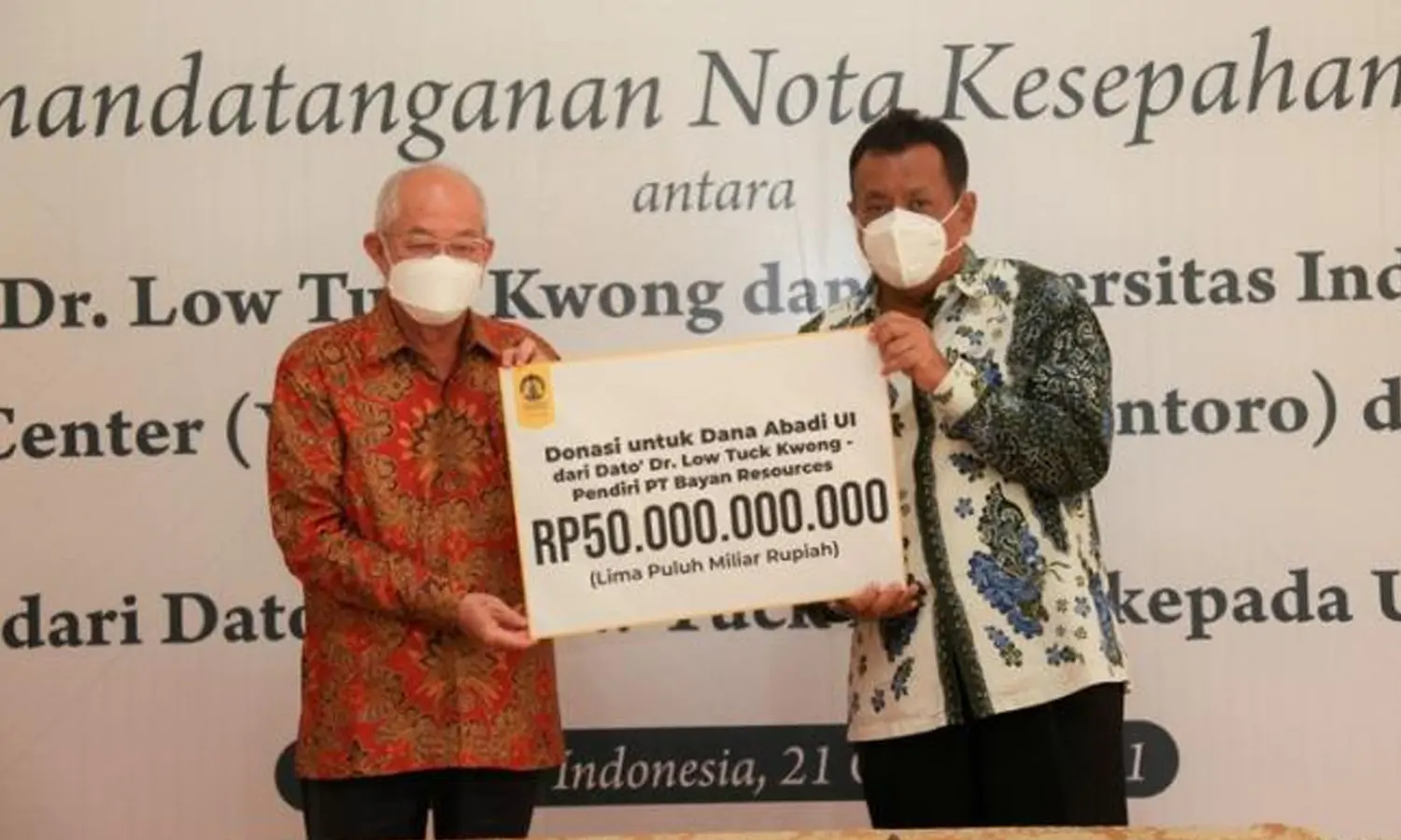UI Terima Donasi Rp 50 M dari Konglomerat Low Tuck Kwong