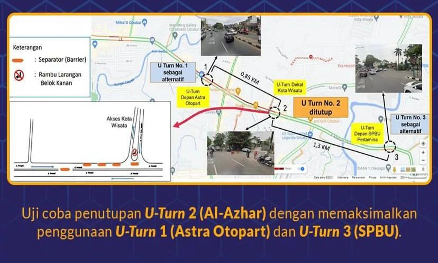 Rekayasa U-Turn Menimbulkan Kemacetan Parah di Jalan Alternatif Cibubur