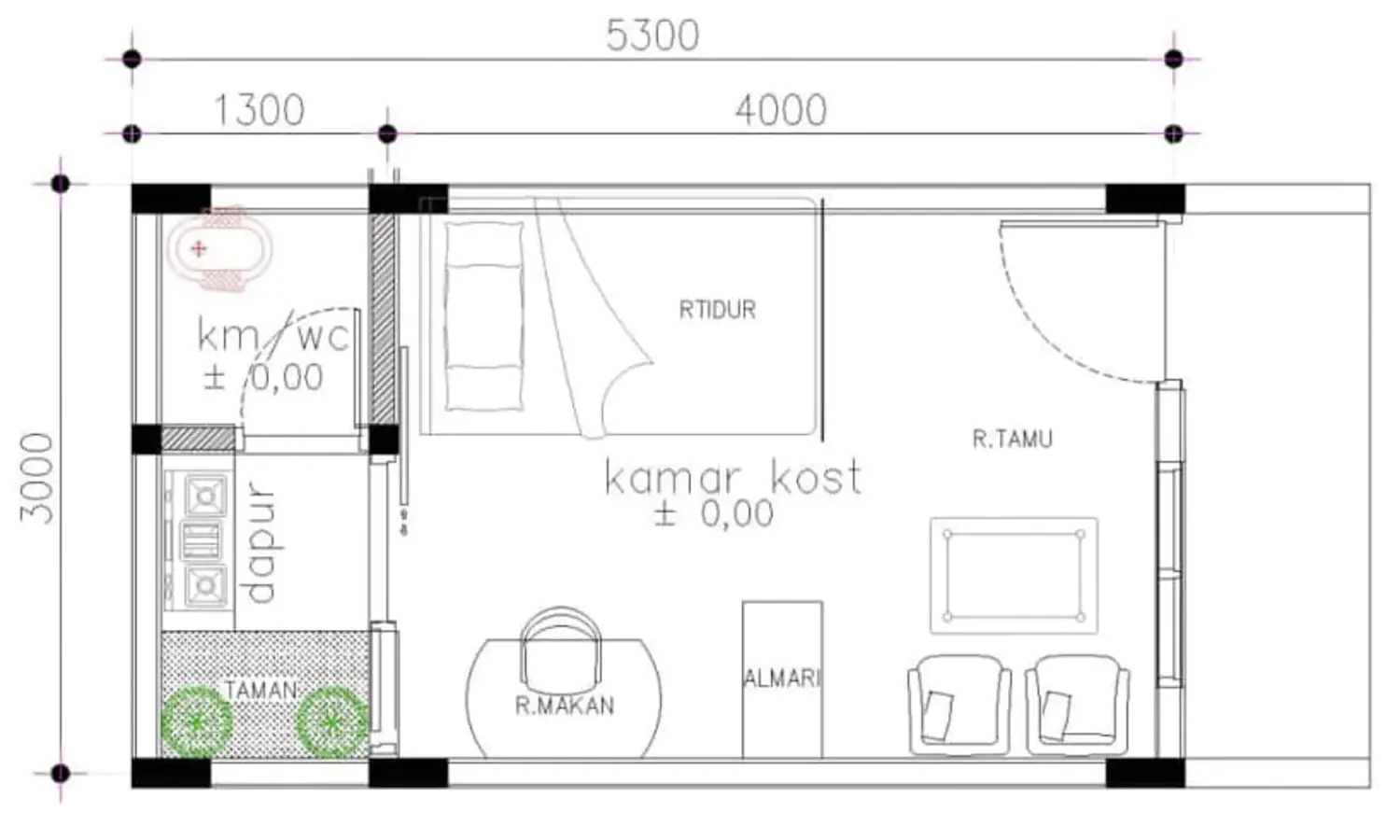 6 Contoh Denah Desain Kost 3x4 Kamar Mandi Dalam dan Dapur