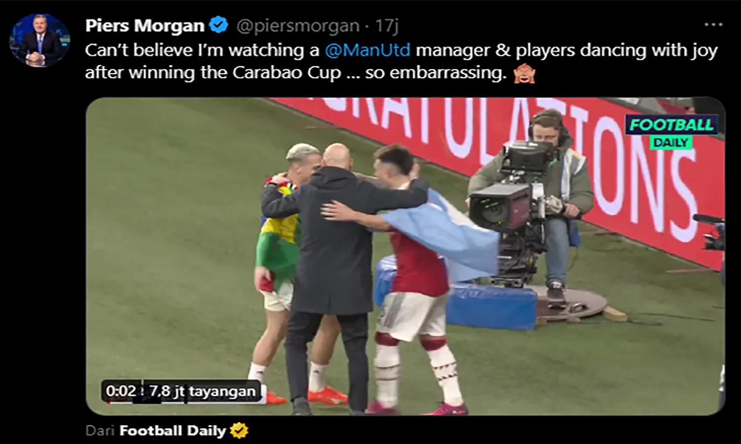 Erik Ten Hag Selebrasi MU Juara Carabao Cup, Piers Morgan: Memalukan!