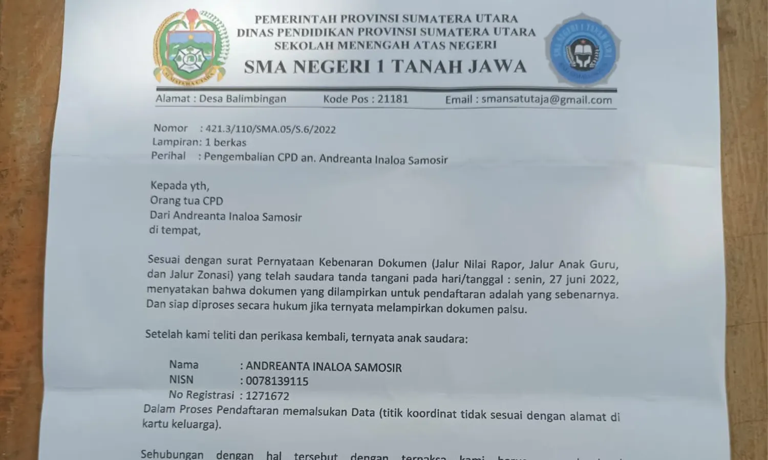 Salah Satu Siswa SMA Negeri 1 Tanah Jawa Menjadi Korban Sistem Zonasi